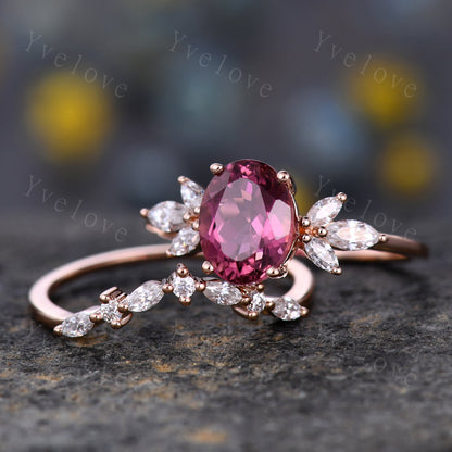 Natural Pink Tourmaline Engagement Ring Set,White Gold Marquise Moissanite Band,October Birthstone Ring,Art Deco Promise Anniversary Gift