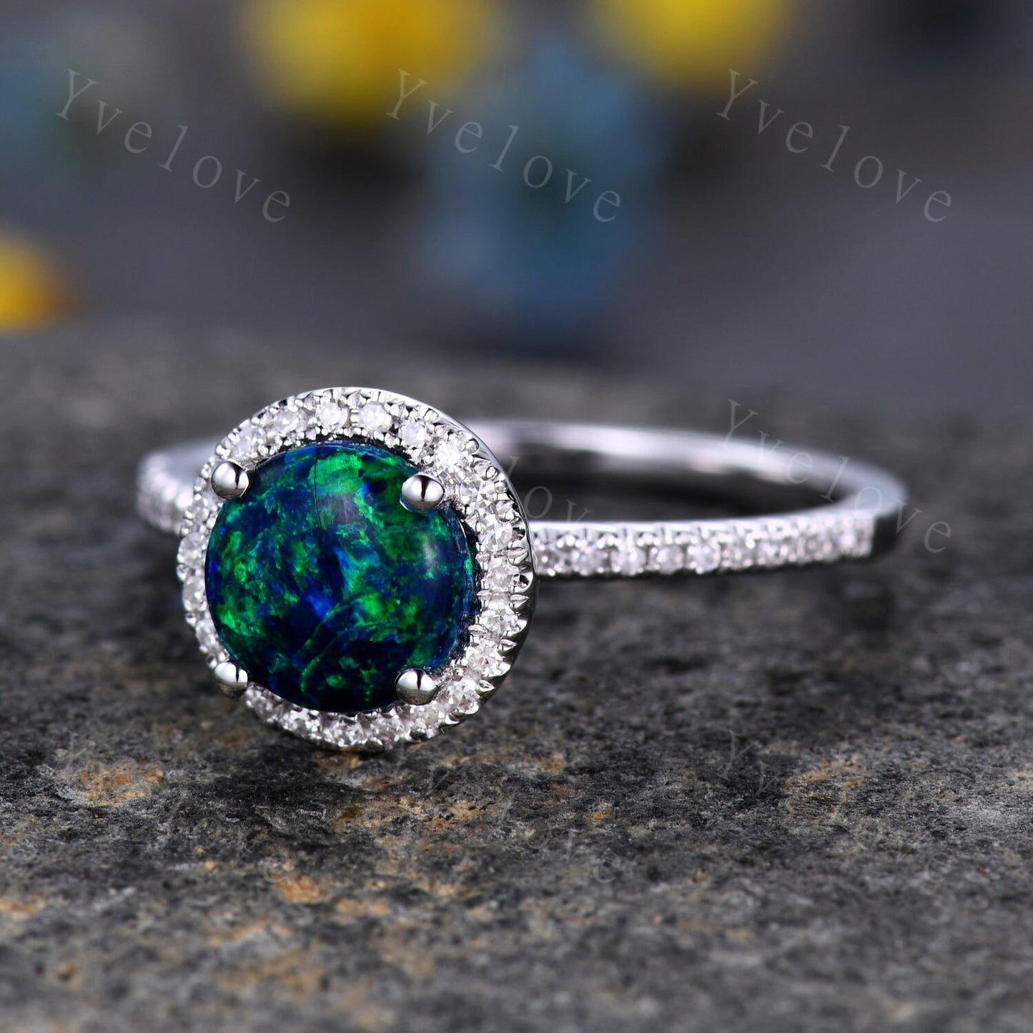 Black Fire Opal Ring White Gold Diamond Engagement Ring For Women Diamond Delicate Eternity Band Halo Promise Wedding Ring Christmas Gift