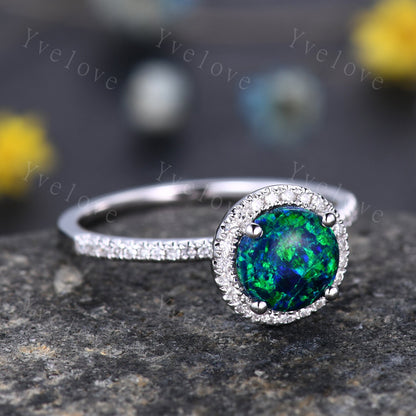 Black Fire Opal Ring White Gold Diamond Engagement Ring For Women Diamond Delicate Eternity Band Halo Promise Wedding Ring Christmas Gift