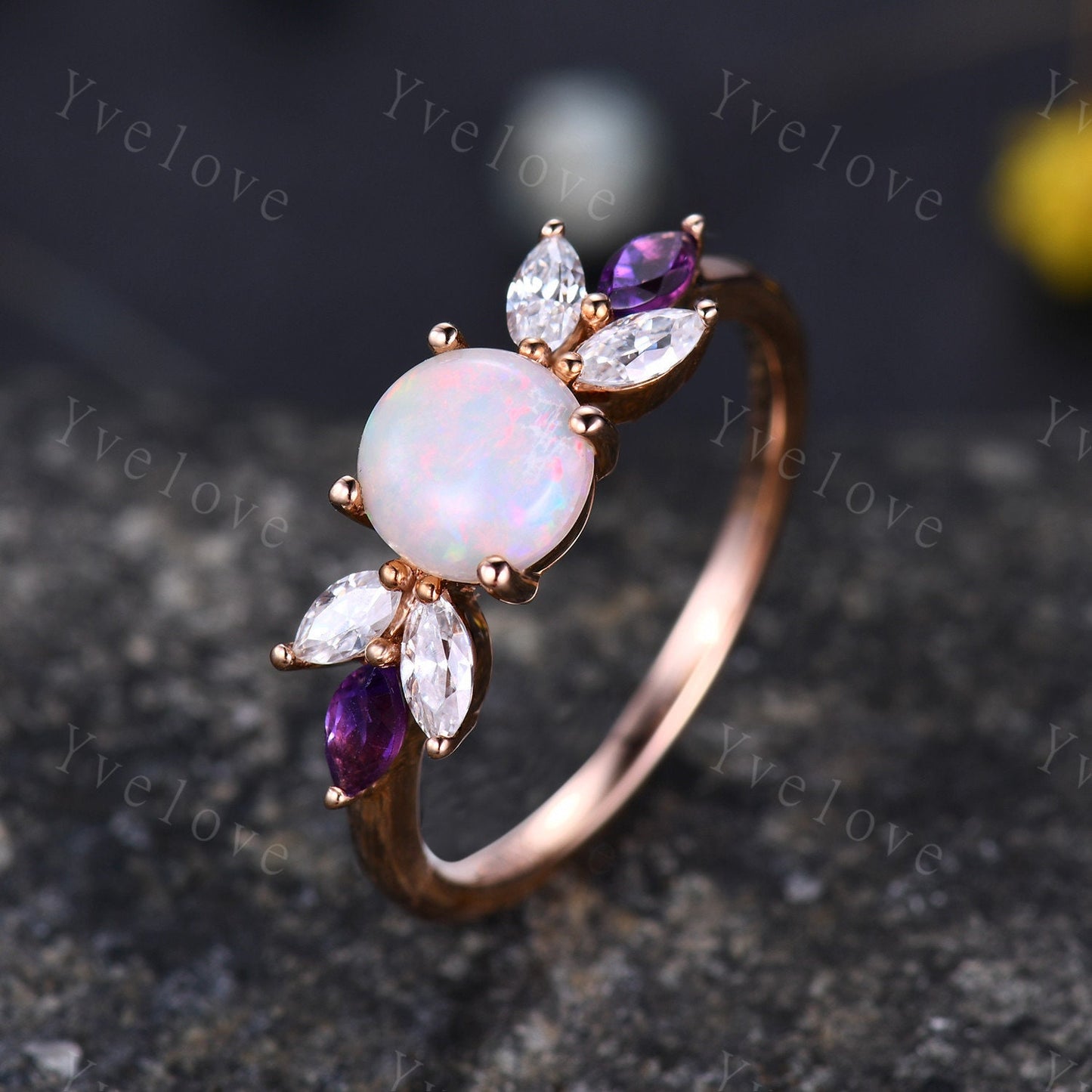 6mm Round Cut White Opal Ring,Vintage Natural Australia Opal Engagement Ring,14k Gold,Marquise Moissanite Amethyst Wedding Ring,Gift for her