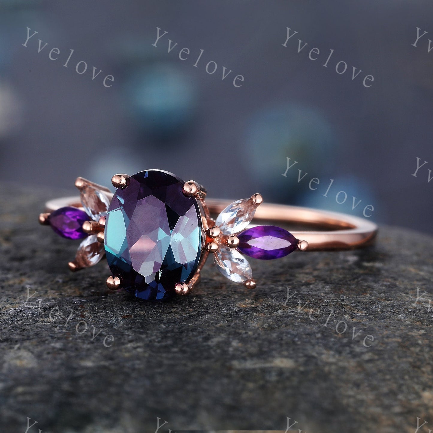 Vintage Alexandrite Engagement Ring Set 14K Rose Gold Women Moissanite Amethyst Gem Matching Band Promise Bridal Stacking Ring Gift for her