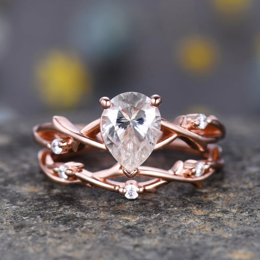 Unique Teardrop Moissanite Ring Set,Vintage Twig Diamond Engagement Ring Set,Branch Ring Set Gold,Twisted Ring Bridal Set,Dainty Ring Set