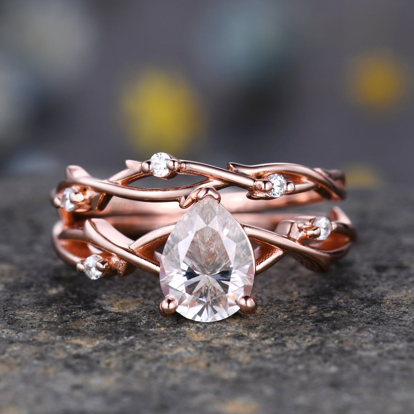 Unique Teardrop Moissanite Ring Set,Vintage Twig Diamond Engagement Ring Set,Branch Ring Set Gold,Twisted Ring Bridal Set,Dainty Ring Set
