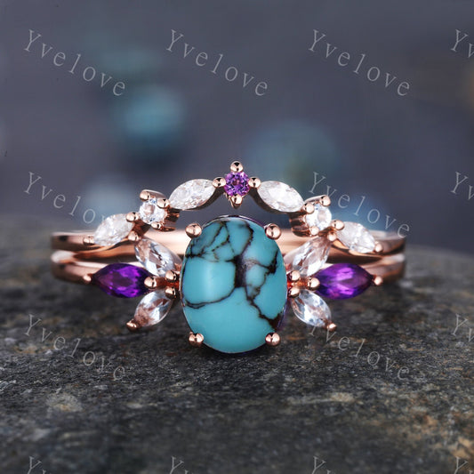 Vintage Oval Turquoise Engagement Ring Set Rose Gold Women Moissanite Amethyst Gem Matching Band December birthstone Valentines day gift