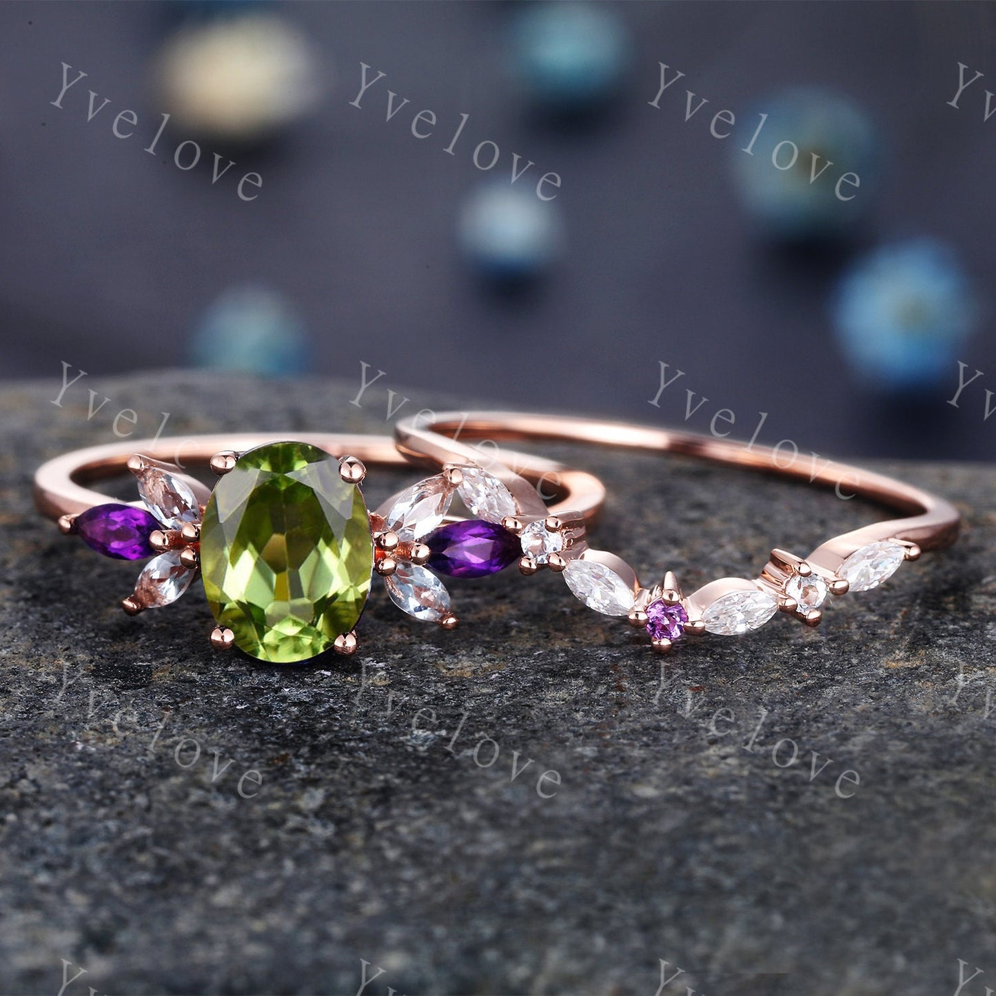 Peridot ring, rose gold engagement ring, oval peridot engagement ring, amethyst moissanite matching band, eternity stacking band, bridal set