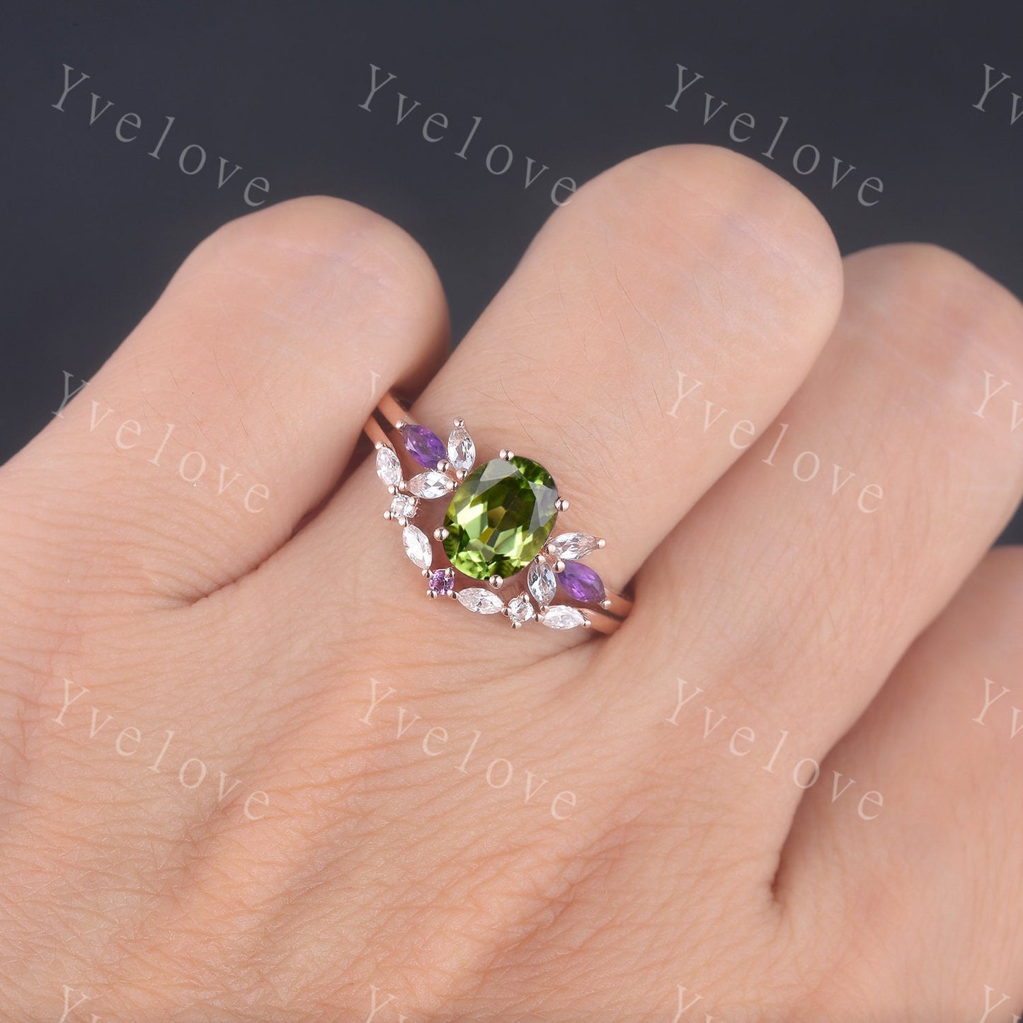 Peridot ring, rose gold engagement ring, oval peridot engagement ring, amethyst moissanite matching band, eternity stacking band, bridal set