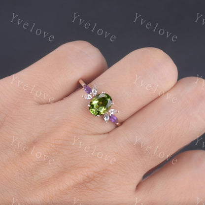 Peridot ring, rose gold engagement ring, oval peridot engagement ring, amethyst moissanite matching band, eternity stacking band, bridal set