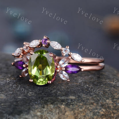 Peridot ring, rose gold engagement ring, oval peridot engagement ring, amethyst moissanite matching band, eternity stacking band, bridal set