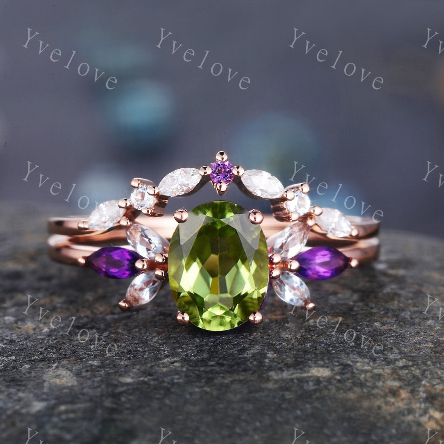 Peridot ring, rose gold engagement ring, oval peridot engagement ring, amethyst moissanite matching band, eternity stacking band, bridal set