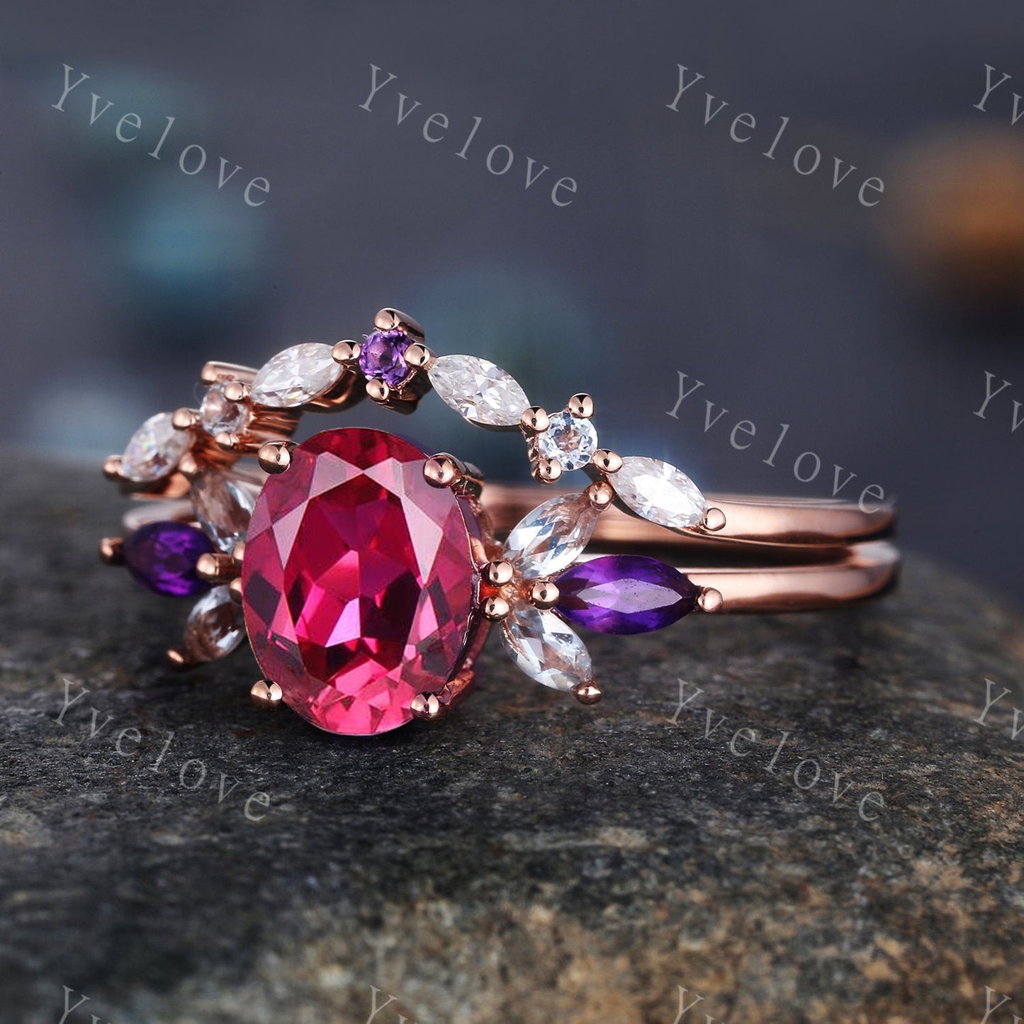 Vintage Ruby Engagement Ring Set 14k Rose Gold Women Moissanite Amethyst Gem Matching Band Promise Bridal Stacking Ring Set Gift for her