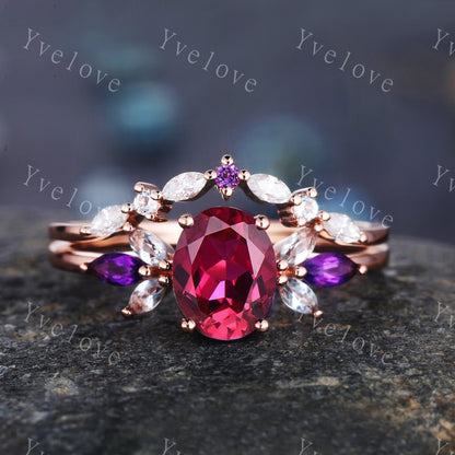 Vintage Ruby Engagement Ring Set 14k Rose Gold Women Moissanite Amethyst Gem Matching Band Promise Bridal Stacking Ring Set Gift for her