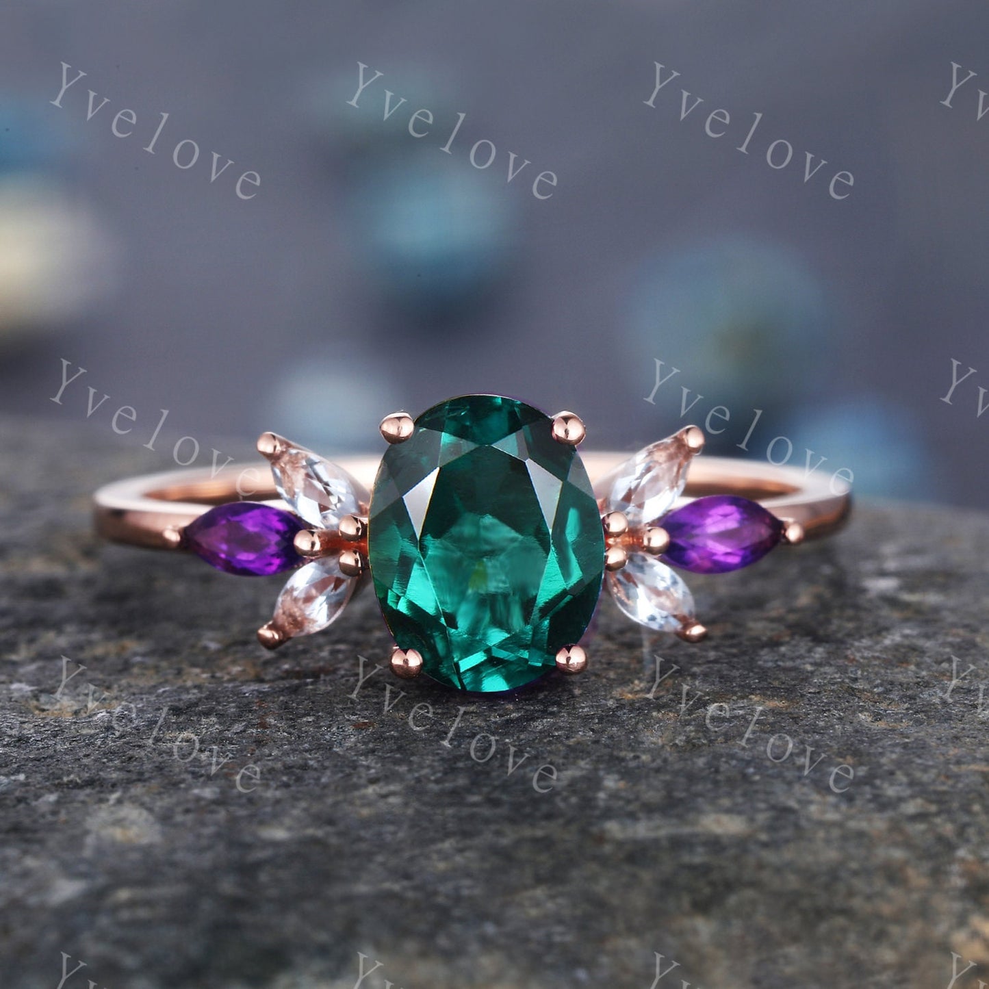 Vintage Emerald Engagement Ring Set 14k Rose Gold Women Moissanite Amethyst Gem Matching Band Promise Bridal Stacking Ring Set Gift for her