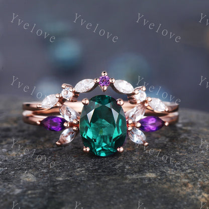 Vintage Emerald Engagement Ring Set 14k Rose Gold Women Moissanite Amethyst Gem Matching Band Promise Bridal Stacking Ring Set Gift for her
