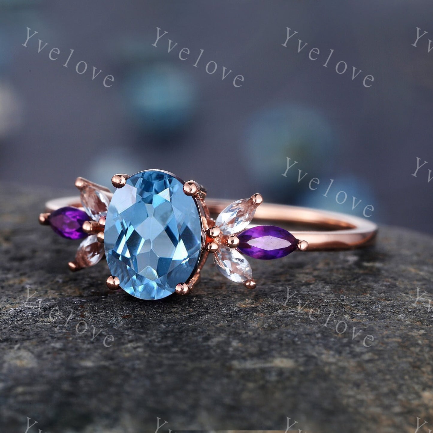 Oval blue topaz engagement ring set topaz wedding ring moissanite matching band November birthstone Valentines day gift for her handmade