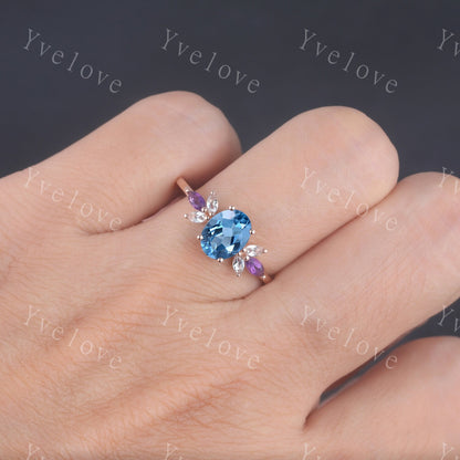 Oval blue topaz engagement ring set topaz wedding ring moissanite matching band November birthstone Valentines day gift for her handmade