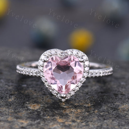 8mm Heart Shape Morganite Engagement Ring Pink Morganite Ring  Natural Gemstone Ring Diamond Ring Diamond Wedding Band Solid 14k White Gold