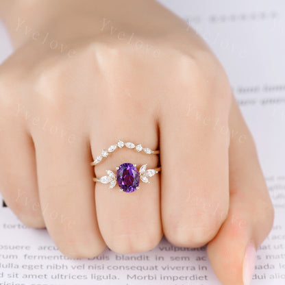 Amethyst ring set yellow gold amethyst engagement ring women promise ring oval cut amethyst moissanite stacking band Valentine's crown ring