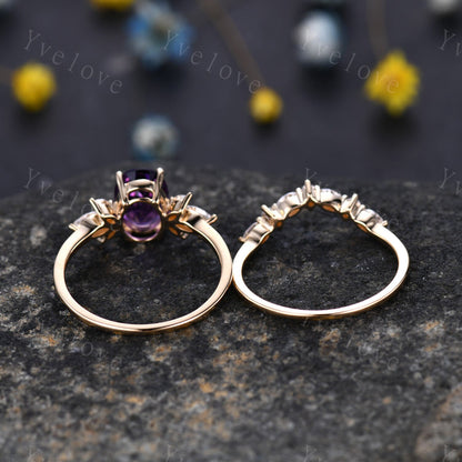 Amethyst ring set yellow gold amethyst engagement ring women promise ring oval cut amethyst moissanite stacking band Valentine's crown ring