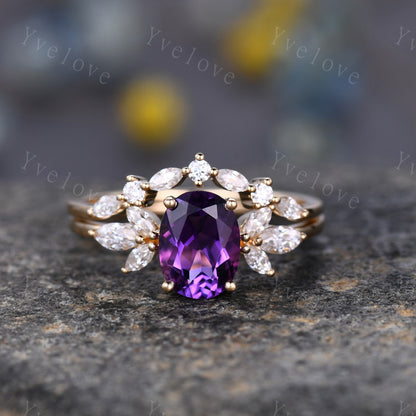 Amethyst ring set rose gold amethyst engagement ring women promise ring oval cut amethyst moissanite stacking band crown ring