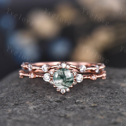 Danity Moss Agate Engagement Ring Set Rose Gold CZ Diamond Matching Band For Women Floral Stacking Promise Wedding Jewelry Anniversary Gift