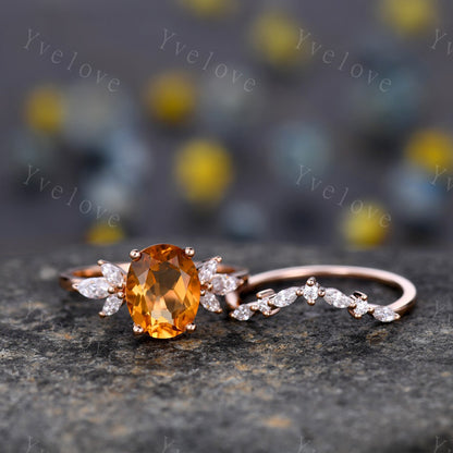 Citrine Ring for Women, Citrine Wedding Ring Set, November Birthstone, Oval Cut Citrine, Moissanite Eternity Wedding Band, Art Deco