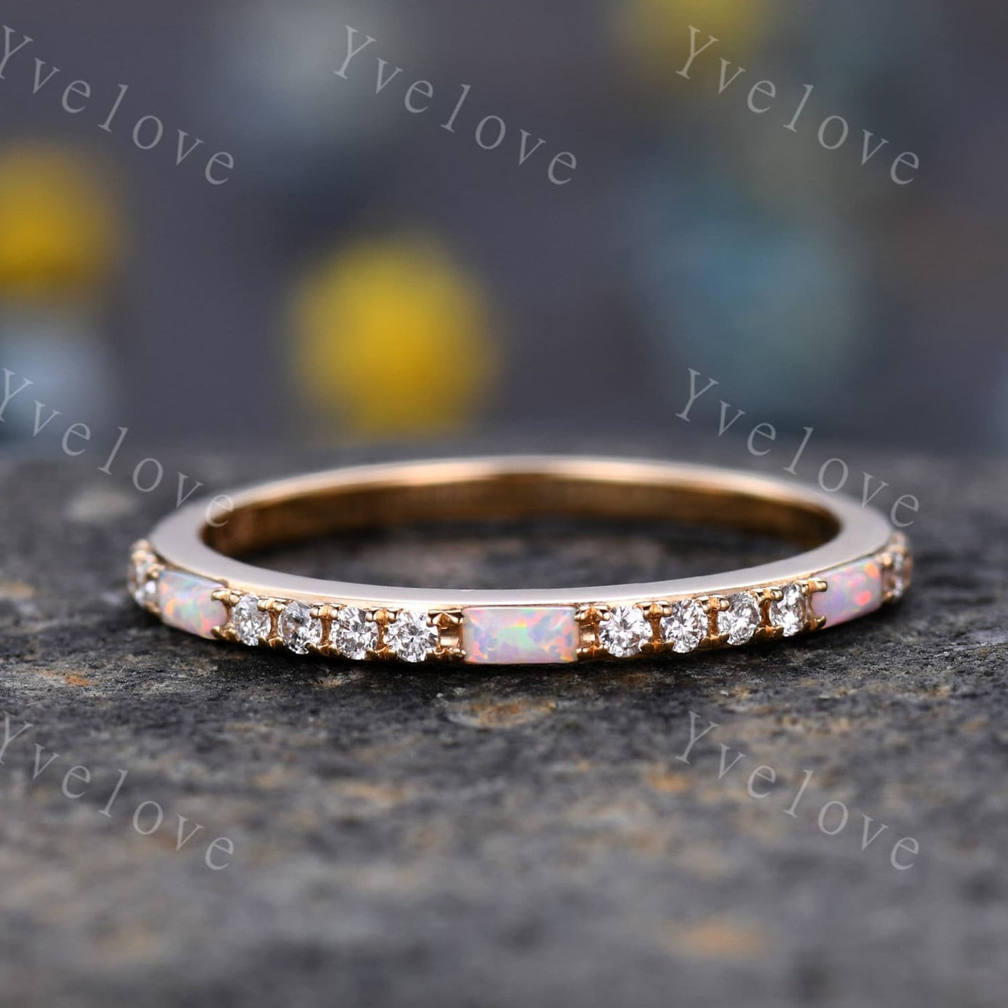 Baguette Shaped White Fire Opal Diamond Wedding Ring 14k Yellow Gold Band 1.5mm Pave Band Half Eternity Band Stacking Ring Anniversary Gift