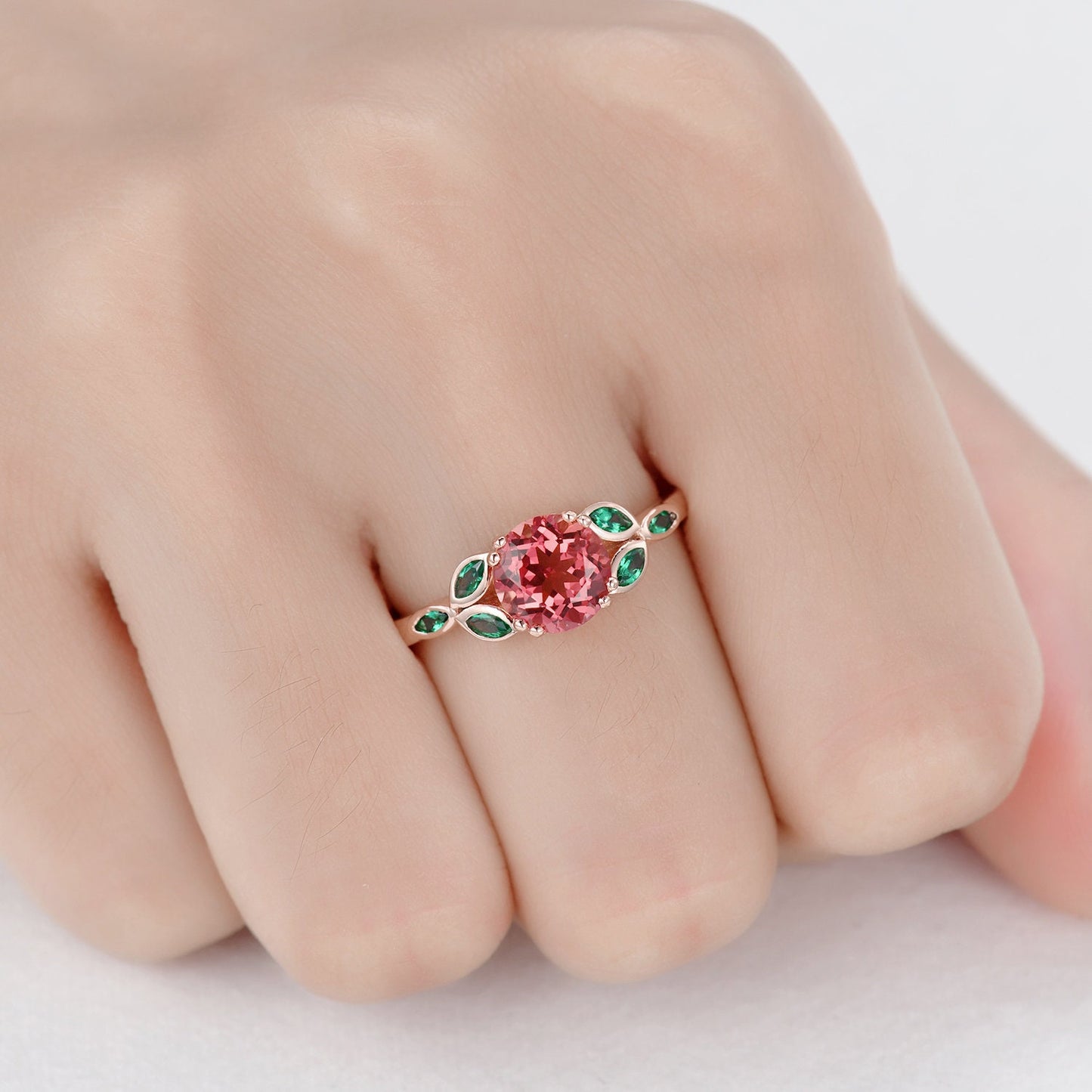 7mm round shape Papalacha sapphire engagement ring,Unique sapphire emerald ring,Marquise emerald,14K rose gold,Promise ring,Anniversary gift