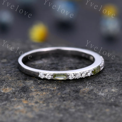 Peridot Ring, Minimalist Stackable Band,Baguette Peridot Diamond Wedding Ring,Half Eternity Wedding Band,Gold Ring,Anniversary Stacking Ring