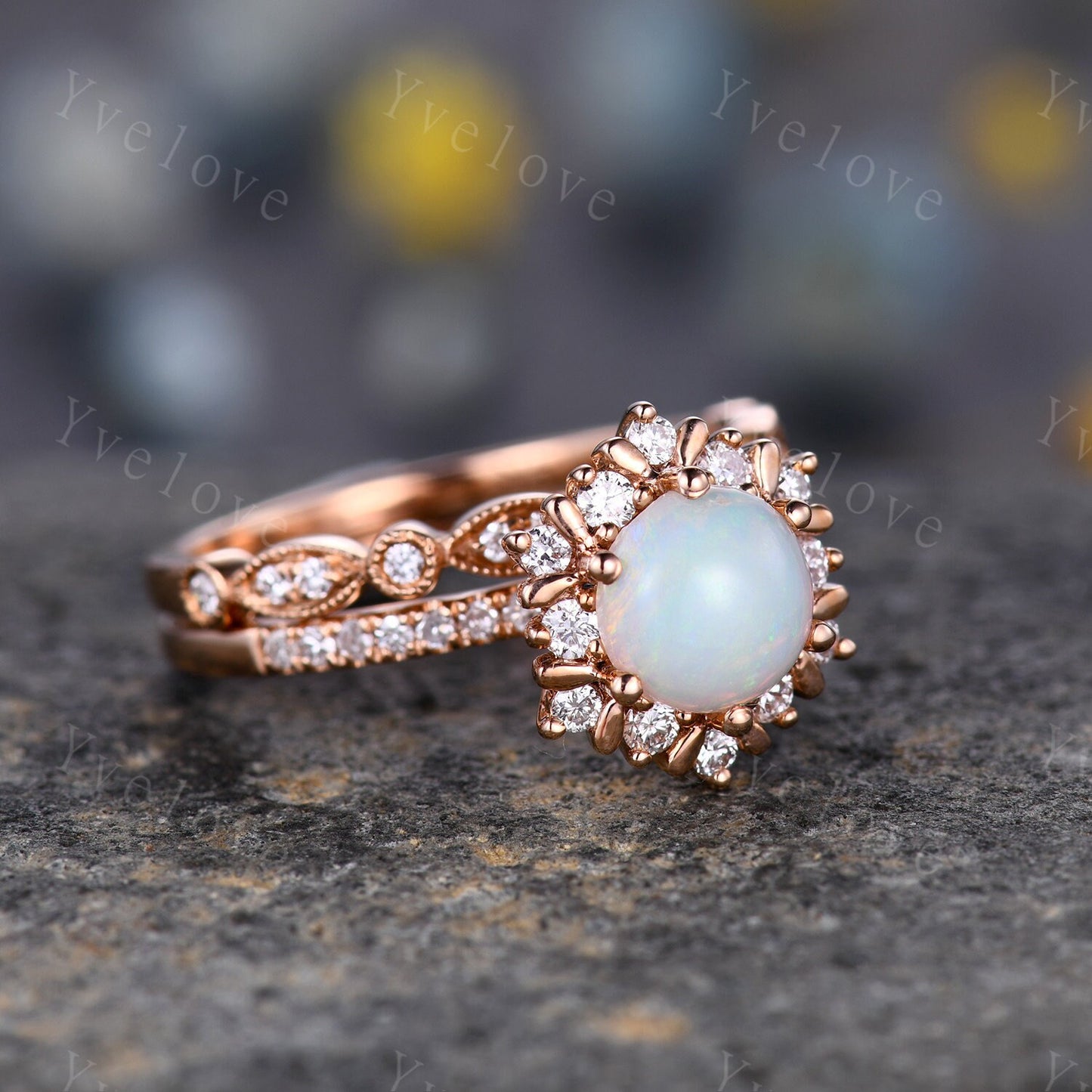 Unique Natural Opal Engagement Ring Set,White Opal Floral Ring,Diamond Wedding Band,Stacking Bridal Set For Women,Promise Anniversary Gift