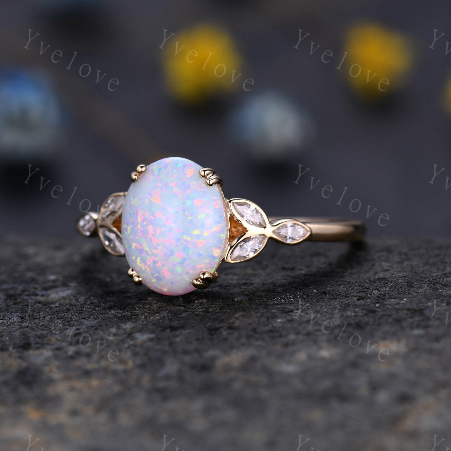 1.5ct Vintage White Fire Opal Engagement Ring,Opal Rings For Women 14k Yellow Gold,Gemstone Ring,Promise Ring,Oval Opal Rings,Statement Ring