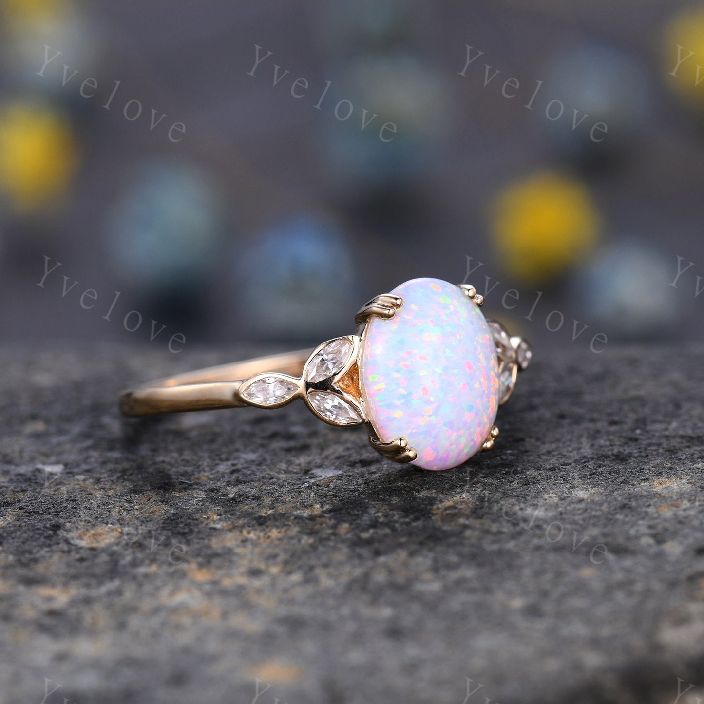 1.5ct Vintage White Fire Opal Engagement Ring,Opal Rings For Women 14k Yellow Gold,Gemstone Ring,Promise Ring,Oval Opal Rings,Statement Ring