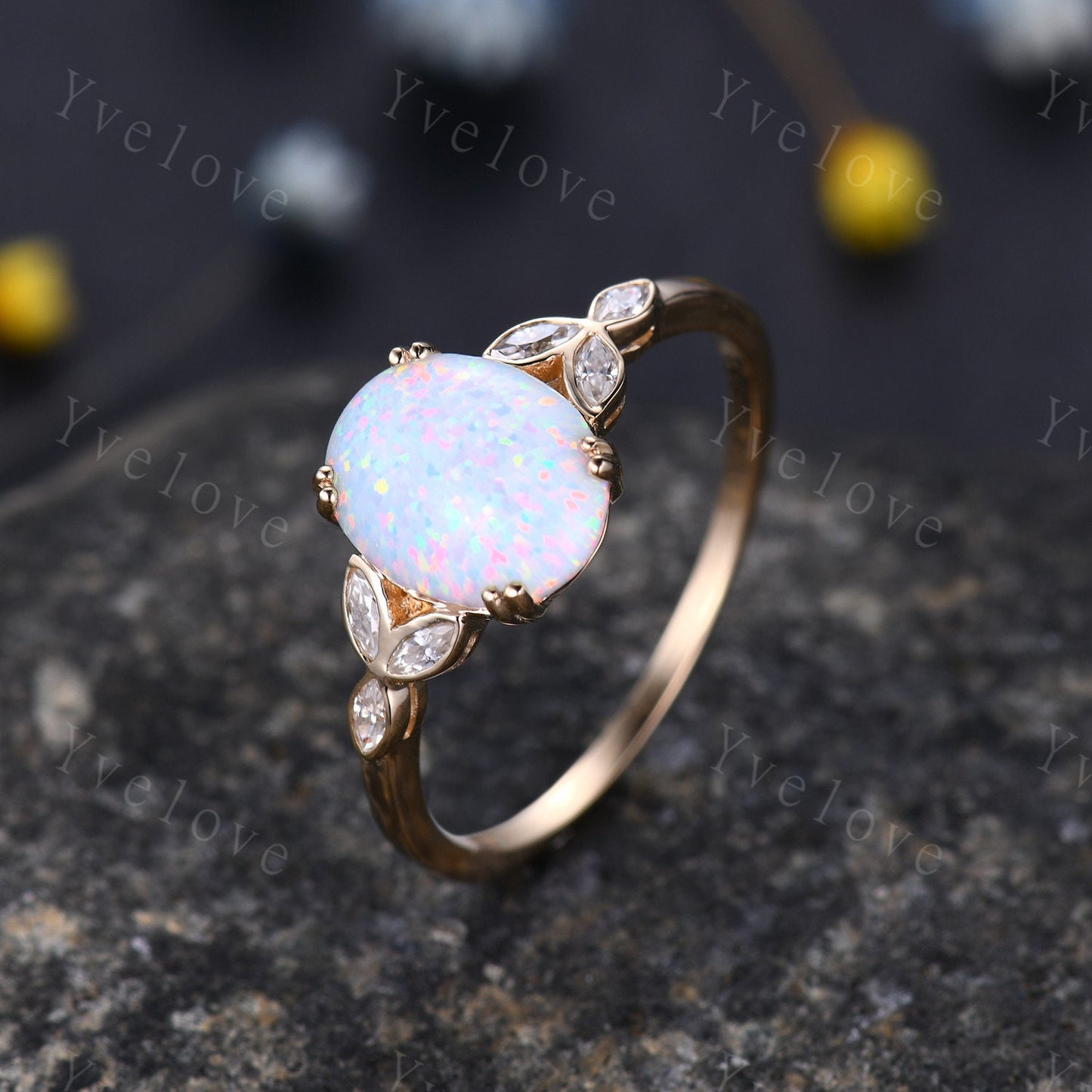 1.5ct Vintage White Fire Opal Engagement Ring,Opal Rings For Women 14k Yellow Gold,Gemstone Ring,Promise Ring,Oval Opal Rings,Statement Ring