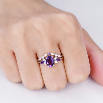 Oval Purple Amethyst Bridal Ring Set,Moissanite Amethyst Wedding Ring Set,White gold,Bridal Ring Curved Wedding Band,Color Engagement Ring