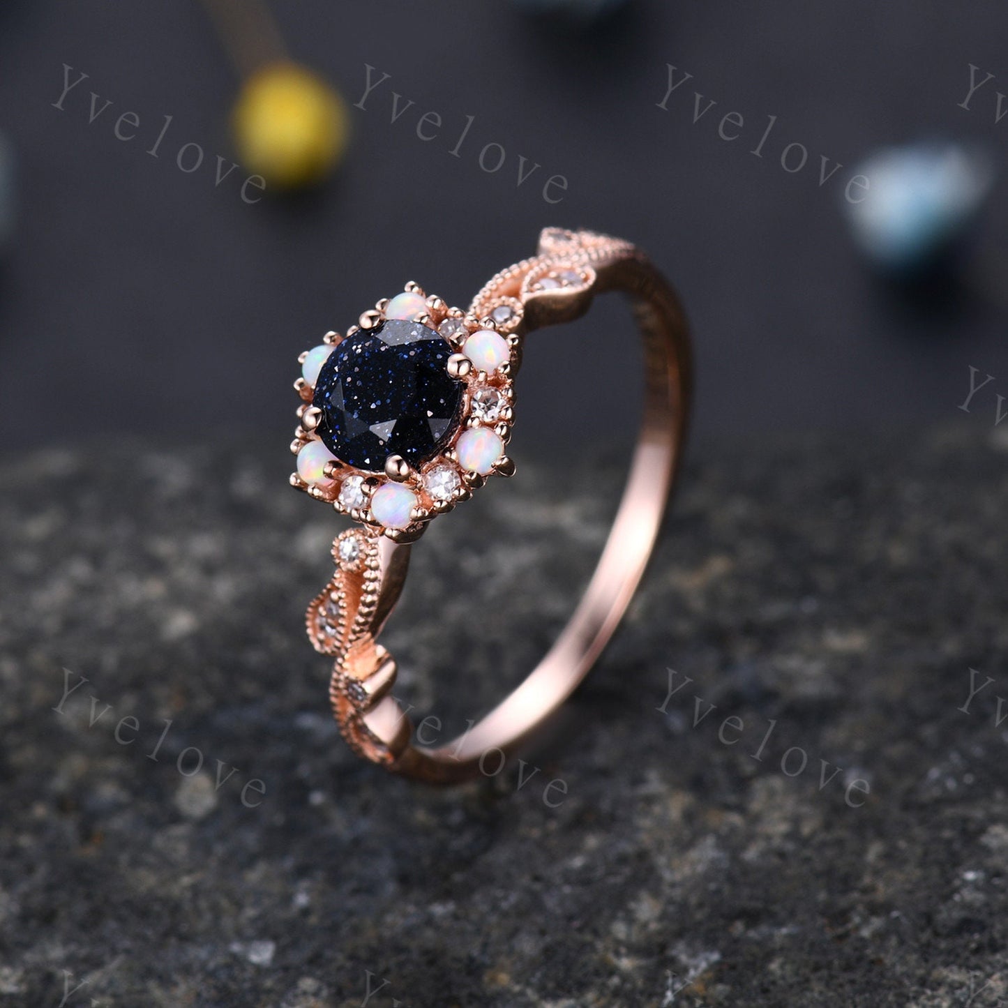 Retro Sandstone Engagement Ring 14k Rose Gold White Opal Diamond Wedding Ring Bridal Ring For Women Promise Anniversary Gift Christmas Gift