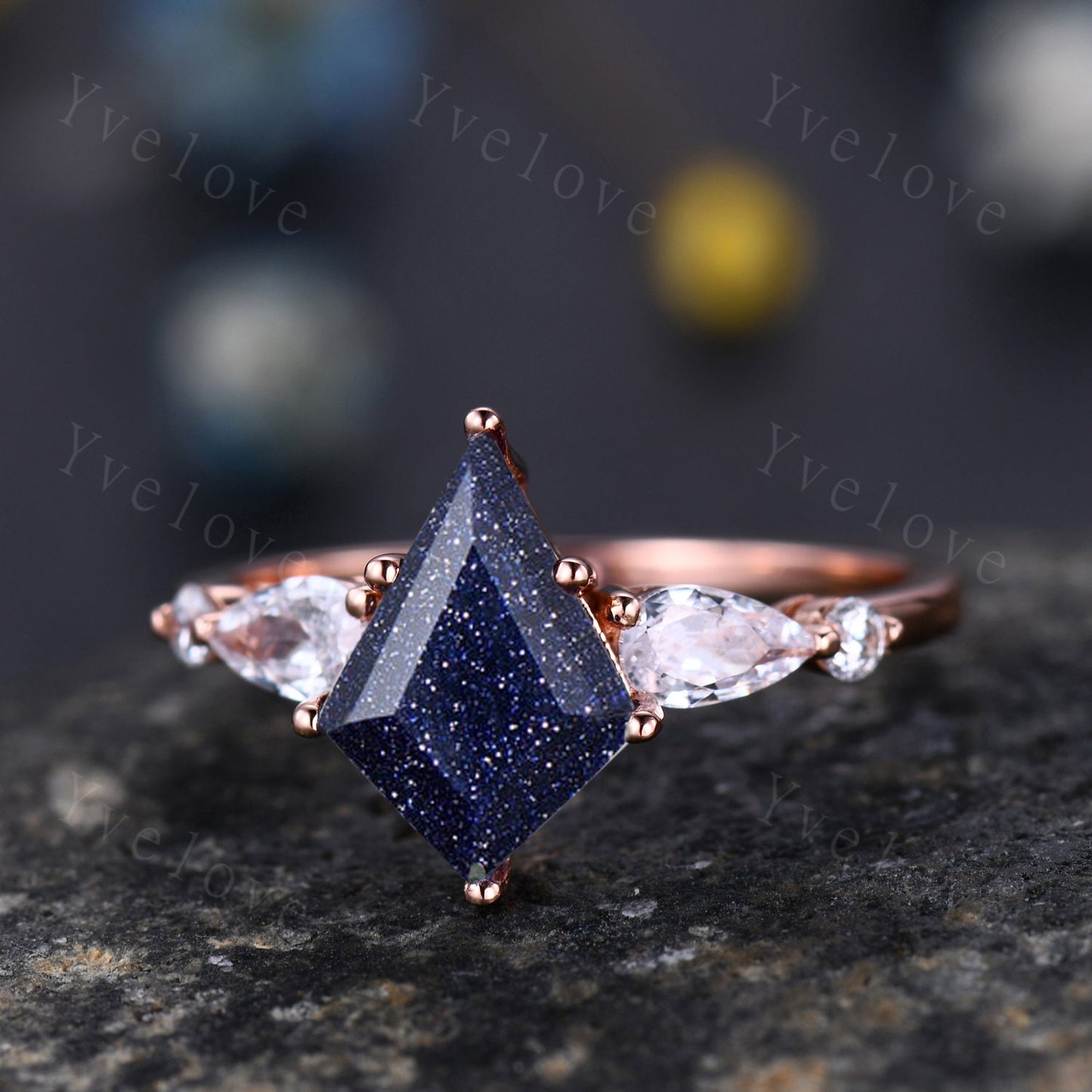 Unique Kite Cut Blue Sandstone Engagement Ring Set Vintage Marquise Cut Moissanite Anniversary Wedding Ring Set For Women,14k Rose Gold Ring