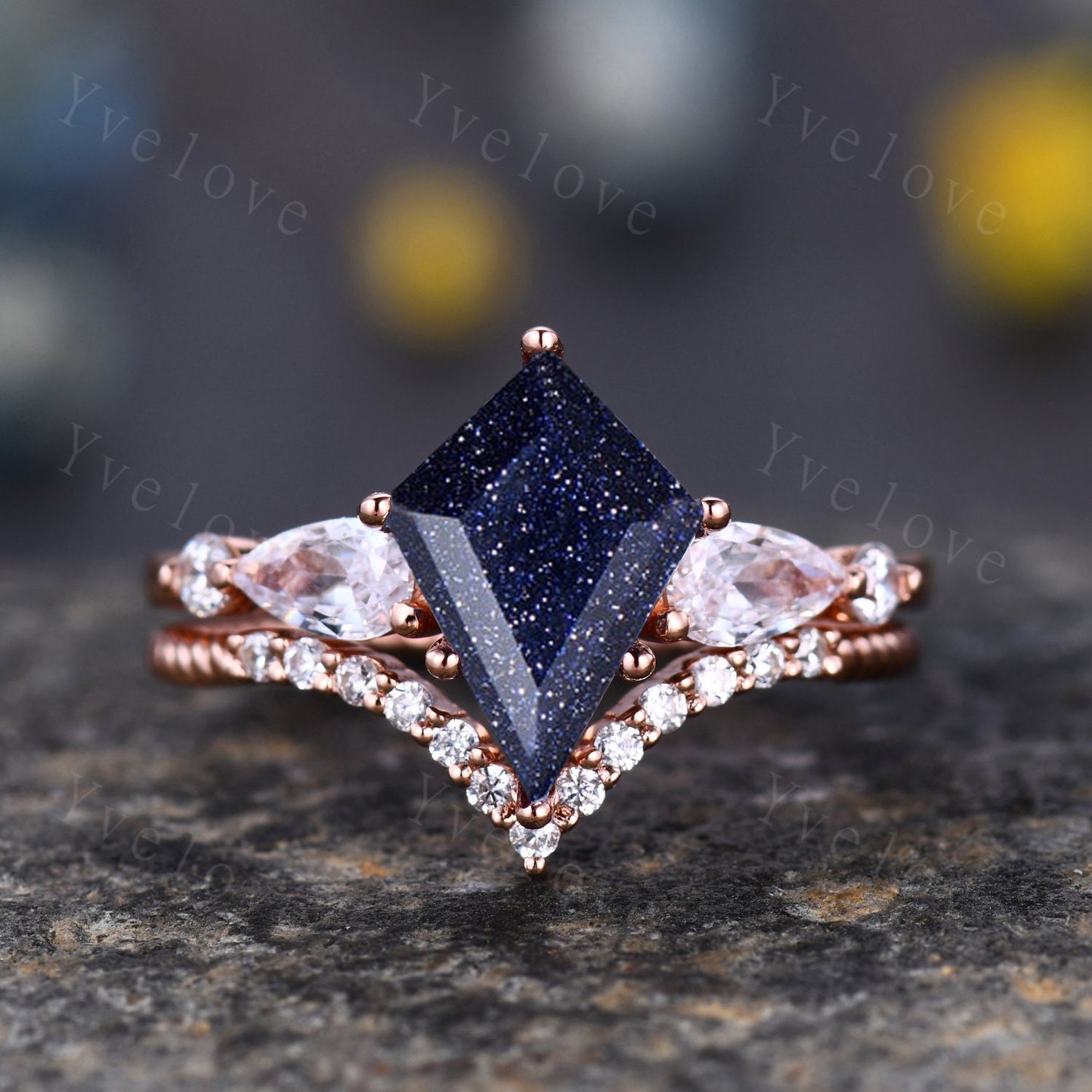 Unique Kite Cut Blue Sandstone Engagement Ring Set Vintage Marquise Cut Moissanite Anniversary Wedding Ring Set For Women,14k Rose Gold Ring