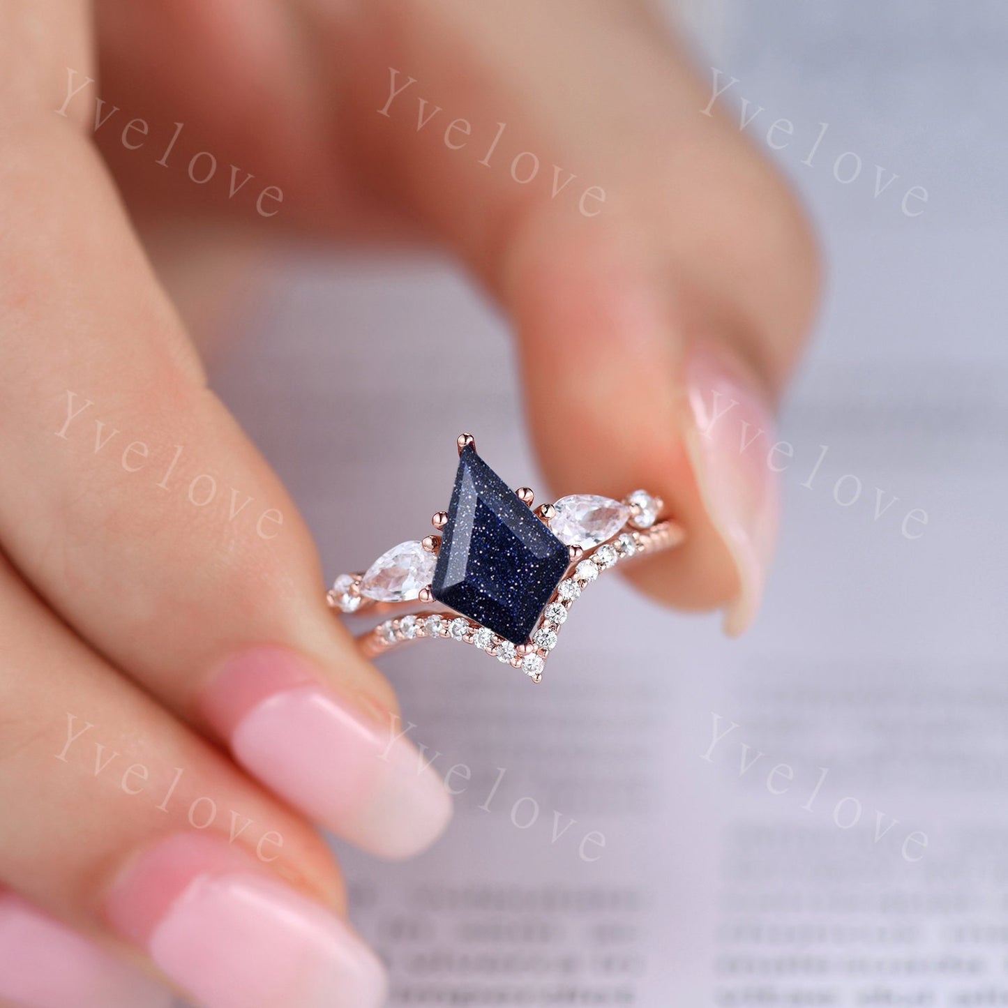 Unique Kite Cut Blue Sandstone Engagement Ring Set Vintage Marquise Cut Moissanite Anniversary Wedding Ring Set For Women,14k Rose Gold Ring