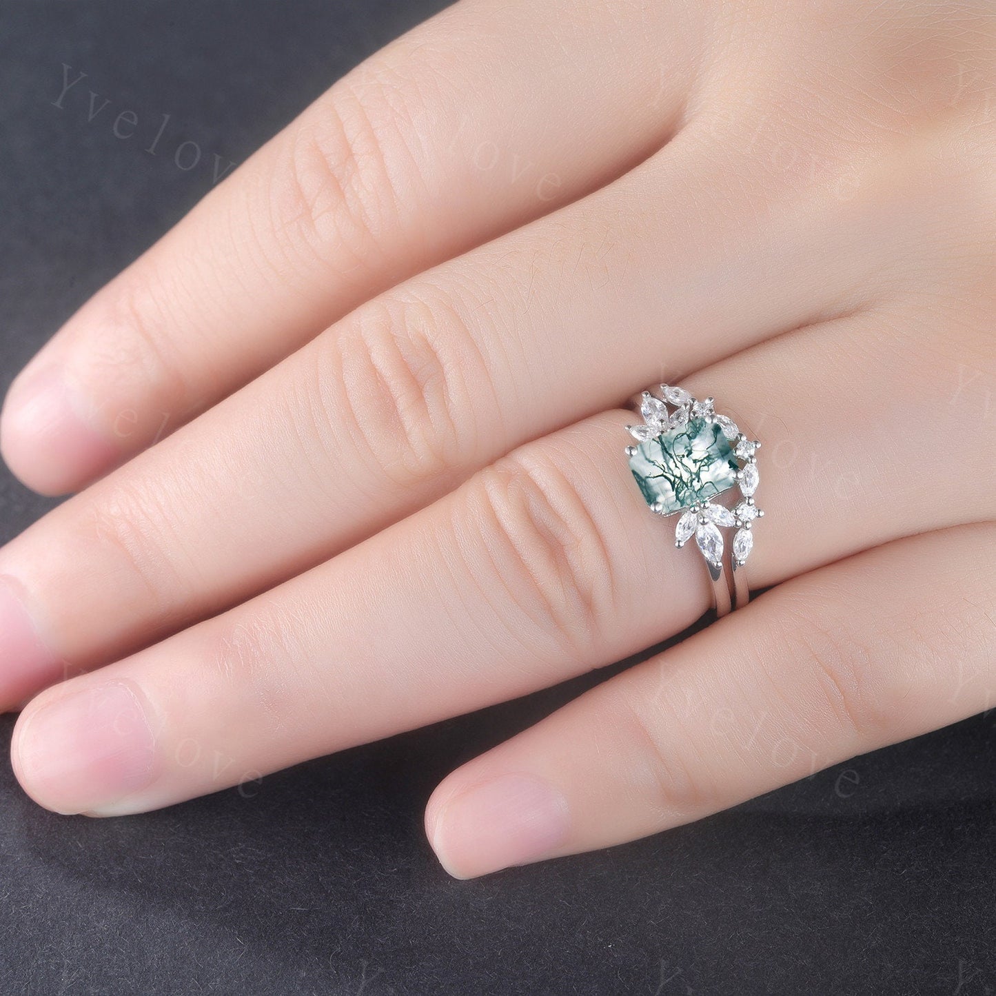 Vintage Moss Agate Engagement Ring Set Emerald Cut Ring Women Moissanite Wedding Band Anniversary Promise Gift For Her,Platinum Ring