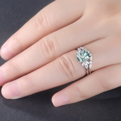 Vintage Moss Agate Engagement Ring Set Emerald Cut Ring Women Moissanite Wedding Band Anniversary Promise Gift For Her,Platinum Ring