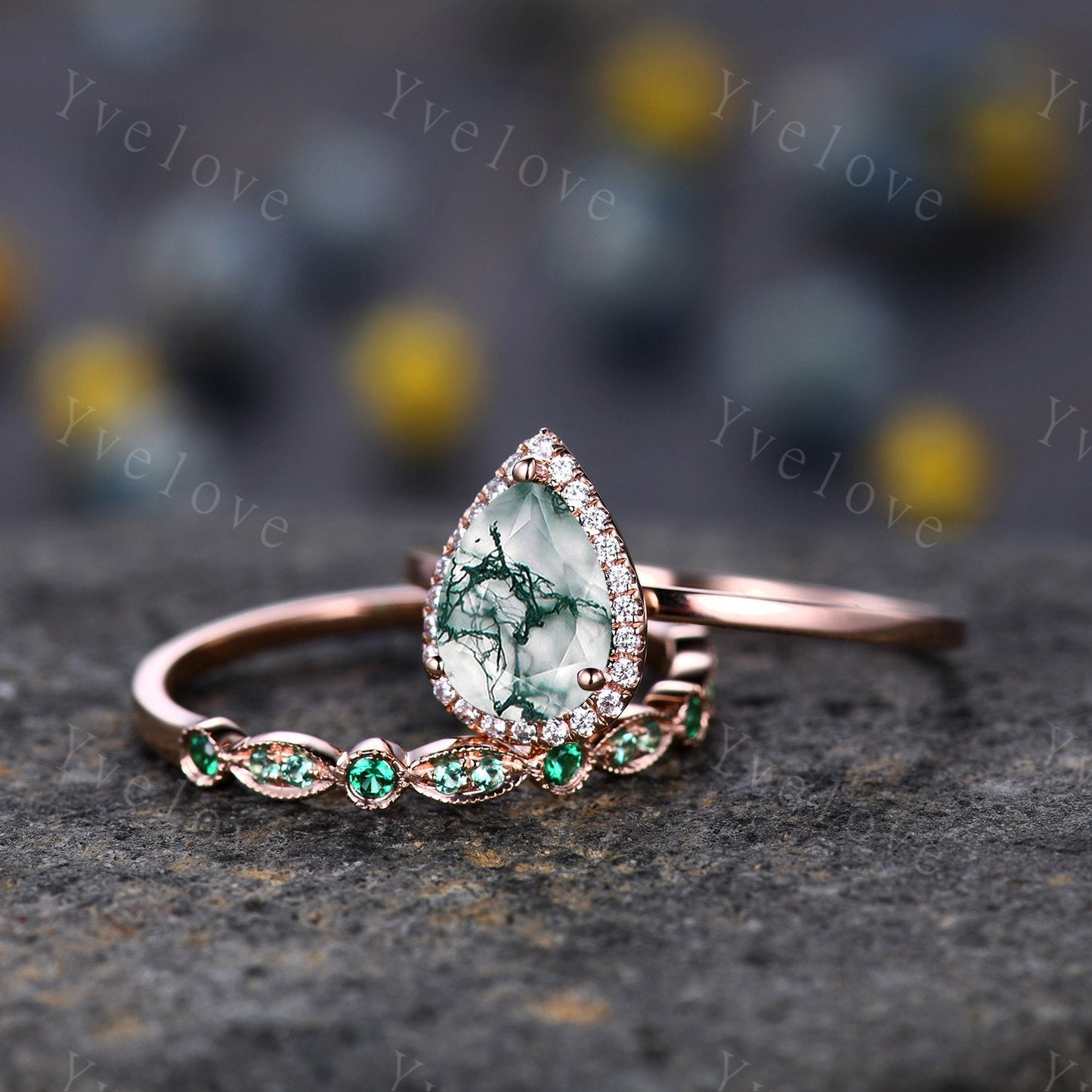 Unique Moss Agate Engagement Ring,Pear Cut Moss Agate Ring,Solitaire Ring,14k rose gold Ring,Diamond Wedding band,Women Promise Ring Gift