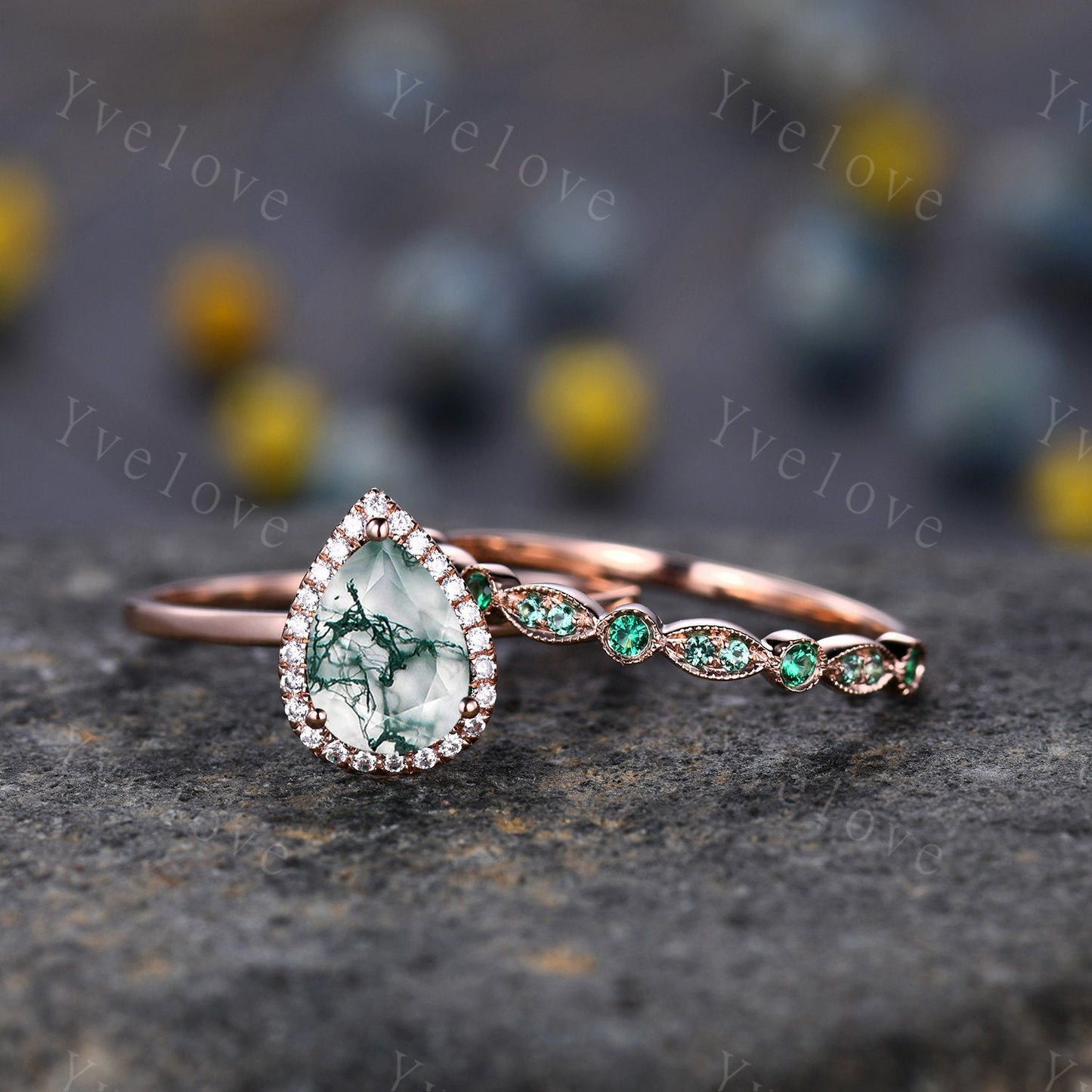 Unique Moss Agate Engagement Ring,Pear Cut Moss Agate Ring,Solitaire Ring,14k rose gold Ring,Diamond Wedding band,Women Promise Ring Gift