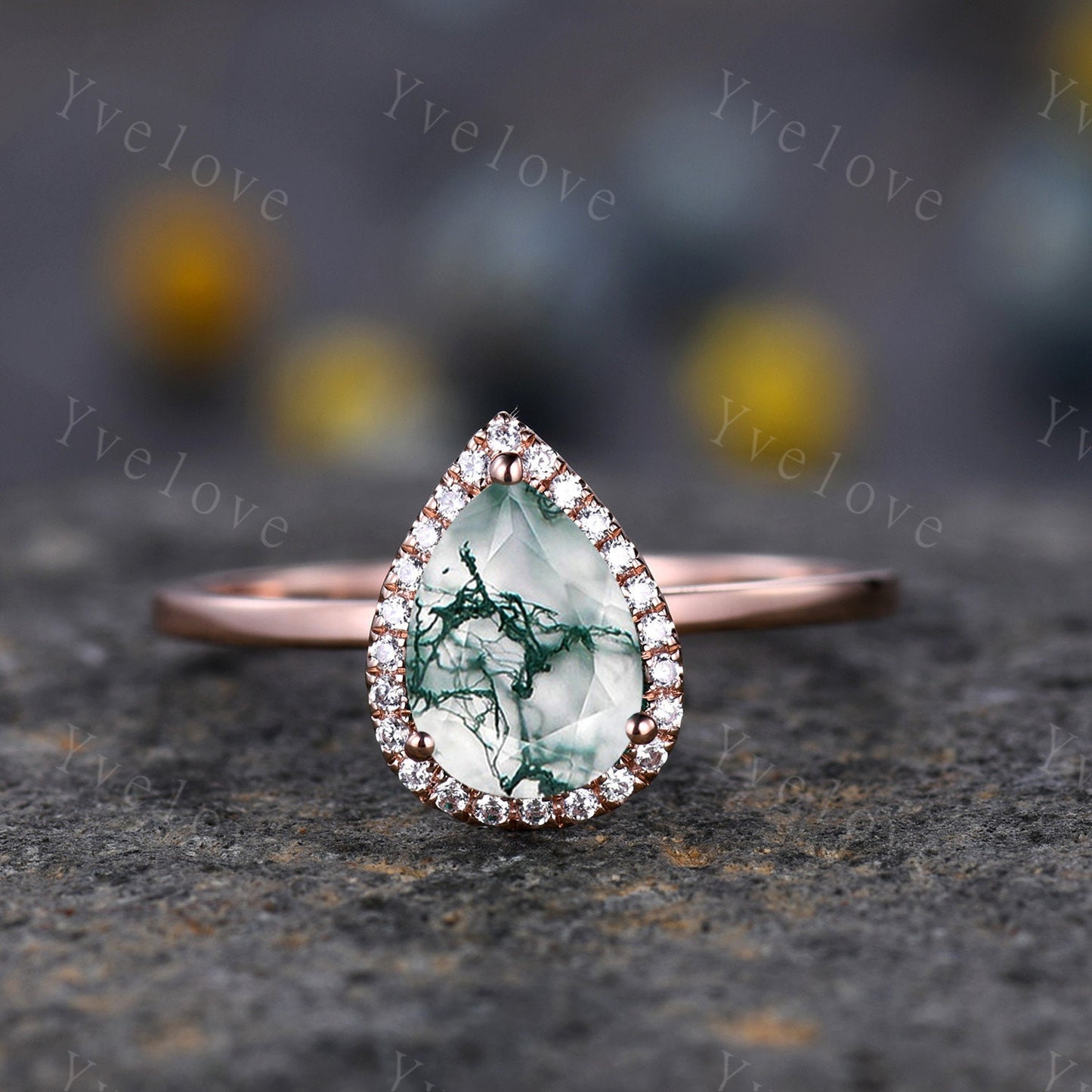 Unique Moss Agate Engagement Ring,Pear Cut Moss Agate Ring,Solitaire Ring,14k rose gold Ring,Diamond Wedding band,Women Promise Ring Gift