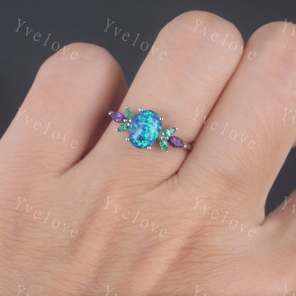 Blue Opal Engagement Ring White Gold Oval Opal Wedding Ring Opal Emerald Amethyst Floral Eternity Ring Vintage Design Valentines Gift to her