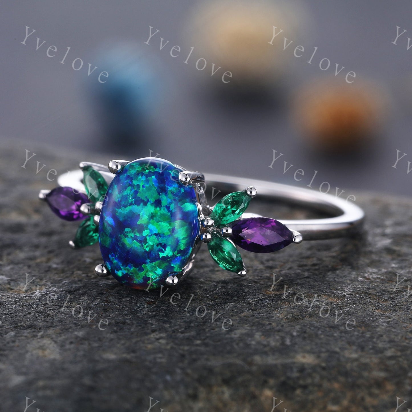 Blue Opal Engagement Ring White Gold Oval Opal Wedding Ring Opal Emerald Amethyst Floral Eternity Ring Vintage Design Valentines Gift to her