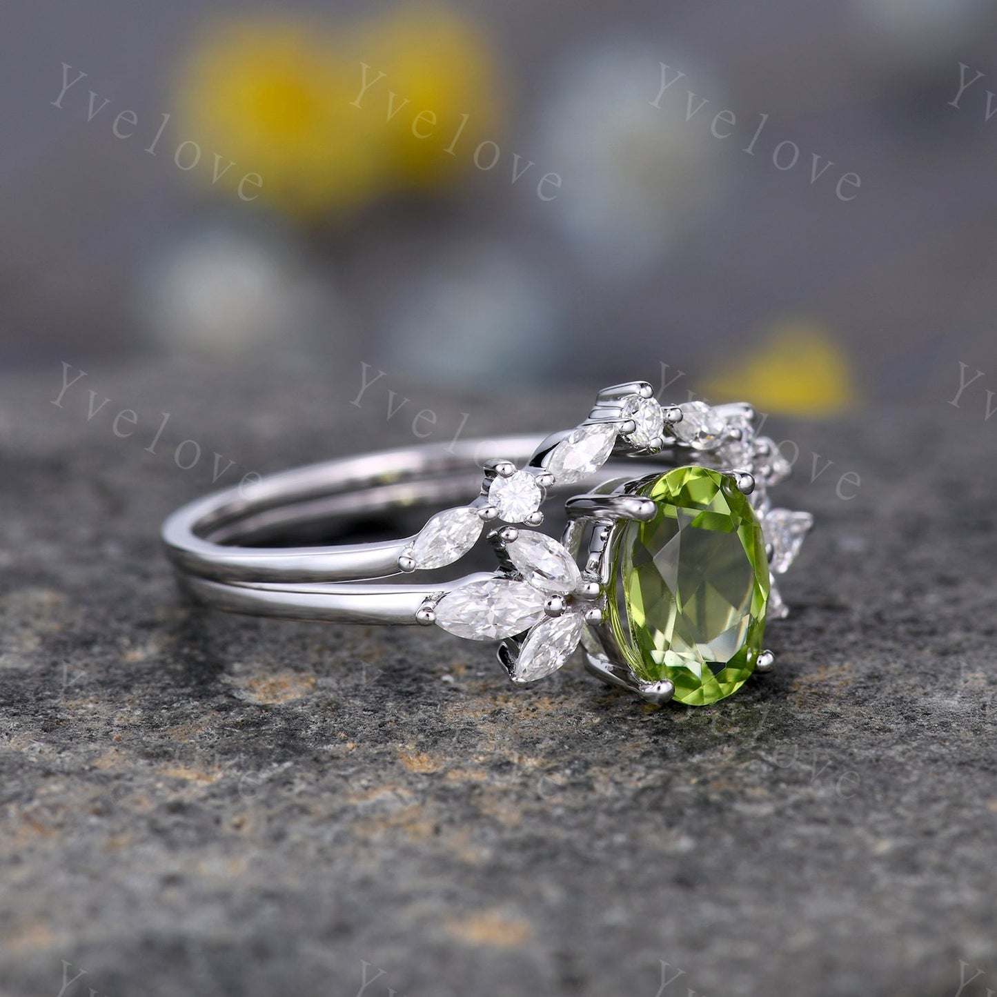 Peridot ring,14k white gold engagement ring set, oval peridot engagement ring, moissanite matching band, eternity stacking band, bridal set