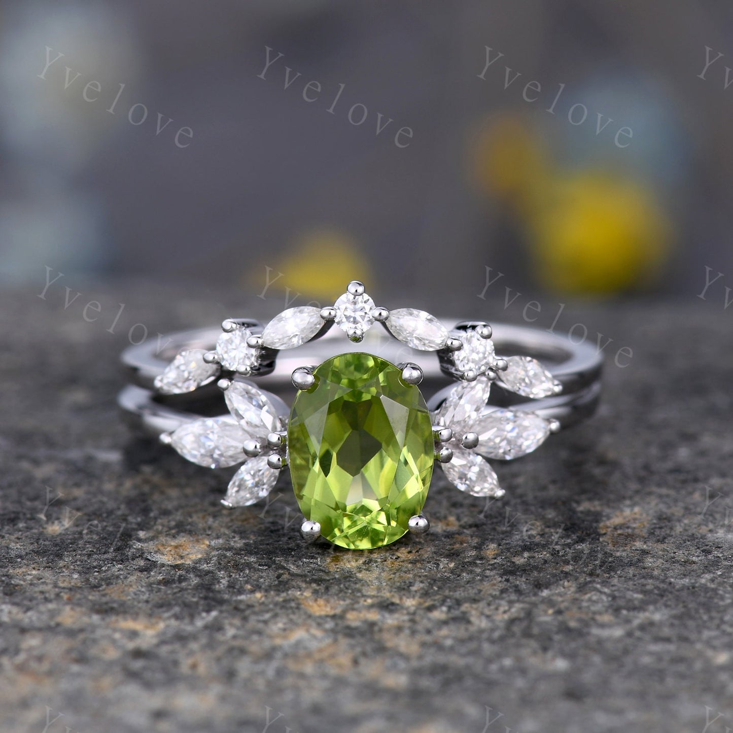 Peridot ring,14k white gold engagement ring set, oval peridot engagement ring, moissanite matching band, eternity stacking band, bridal set