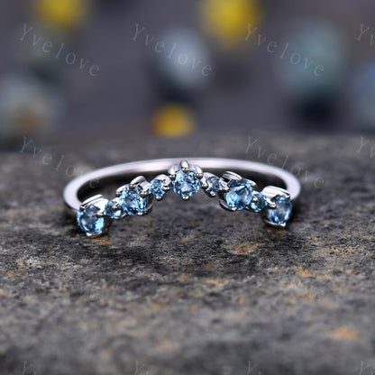 V Shape Blue Topaz Wedding Band,London Blue Topaz Ring,December Birthstone Ring,Curved stacking matching band,Half Eternity,14k White gold