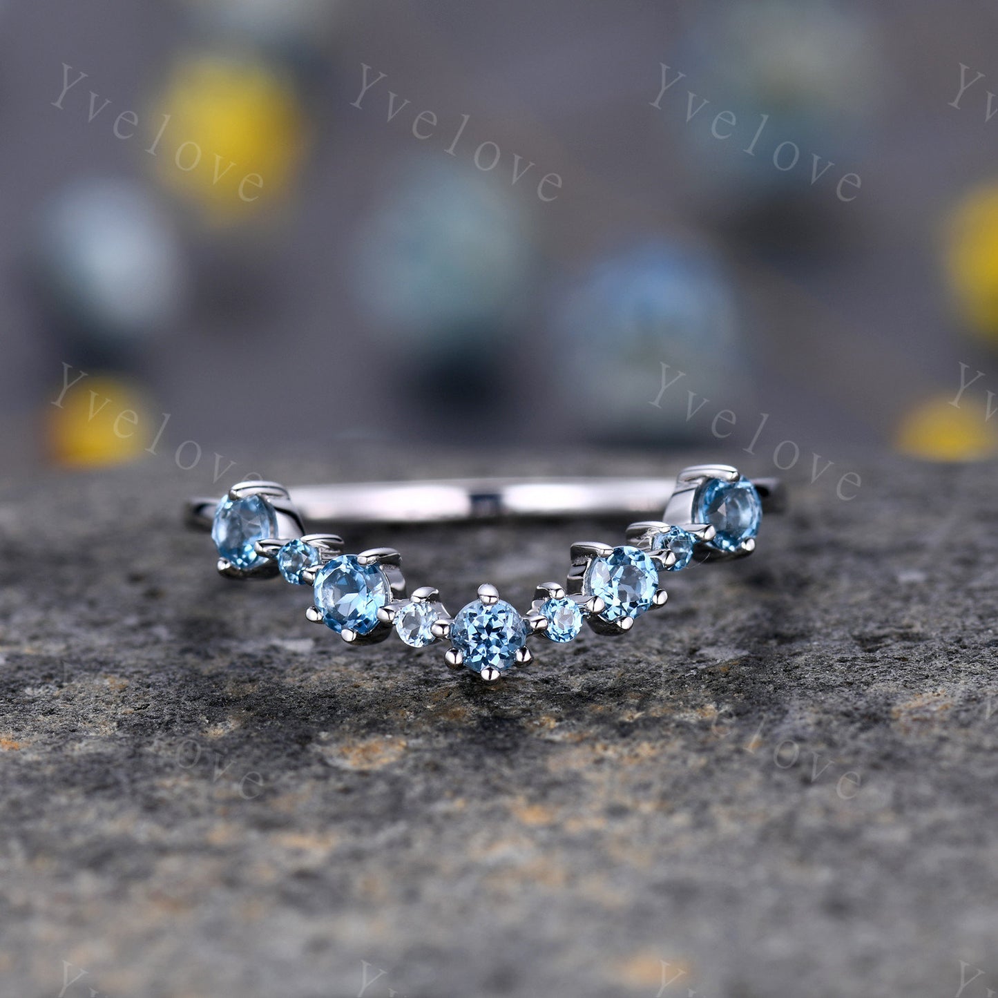 V Shape Blue Topaz Wedding Band,London Blue Topaz Ring,December Birthstone Ring,Curved stacking matching band,Half Eternity,14k White gold