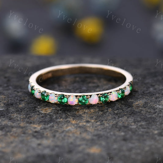 Emerald opal wedding band half eternity art deco emerald opal ring 14k rose gold gemstone promise bridal matching band May birthstone custom