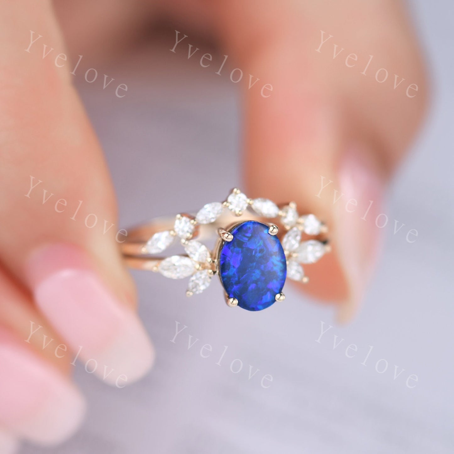 Natural Blue Opal Engagement Ring Set Women Stacking Matching Band Moissanite Eternity Ring Unique Vintage Floral Design Promise Gift to her